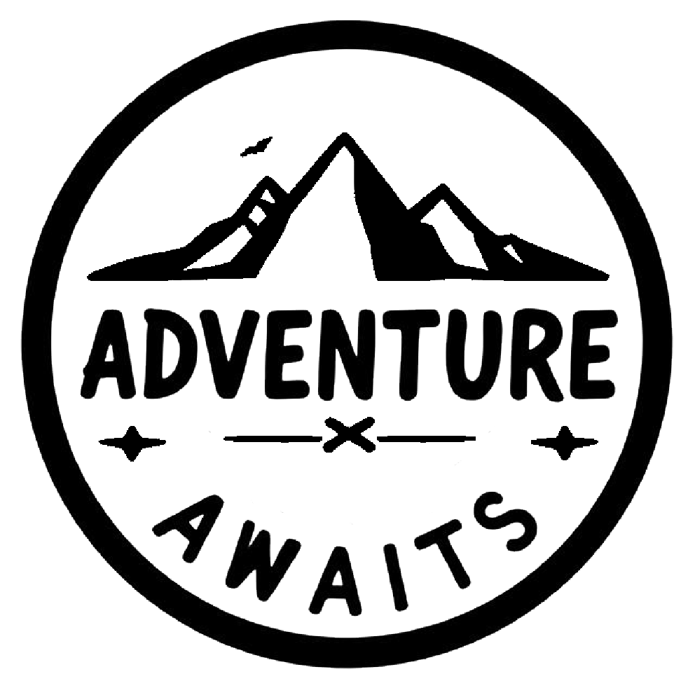 Black and white circular decal featuring the words “ADVENTURE AWAITS” with a mountain landscape silhouette.