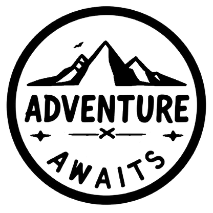 Black and white circular decal featuring the words “ADVENTURE AWAITS” with a mountain landscape silhouette.
