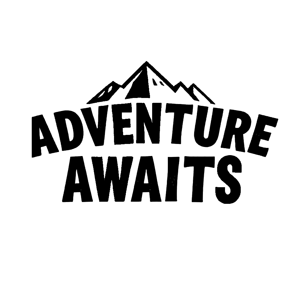 Black typographic decal reading “Adventure Awaits” in bold uppercase lettering.