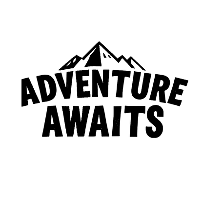 Black typographic decal reading “Adventure Awaits” in bold uppercase lettering.