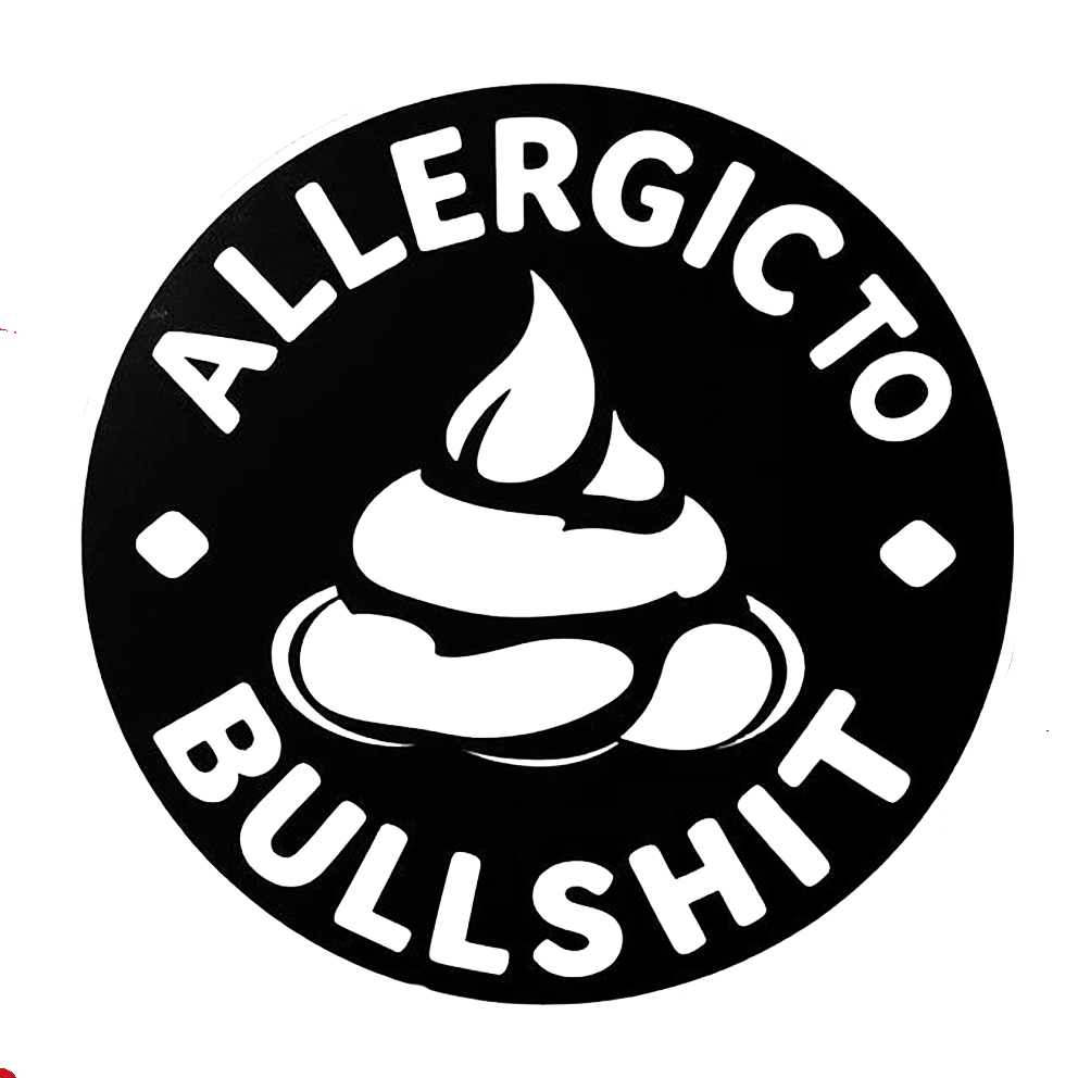 Black circular decal with white lettering reading “Allergic to Bullshit” surrounding a stylized steaming pile of cartoon excrement.