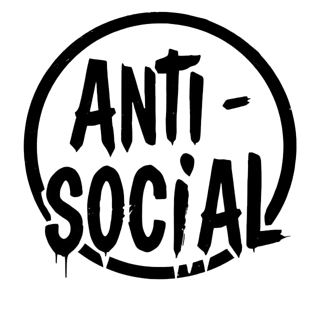 Black distressed lettering reading “ANTI SOCIAL” inside a circular outline decal.