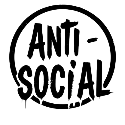 Black distressed lettering reading “ANTI SOCIAL” inside a circular outline decal.