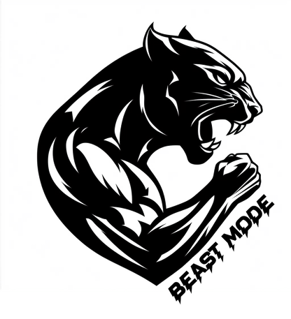 Black panther flexing its muscles with the words Beast Mode in bold lettering.