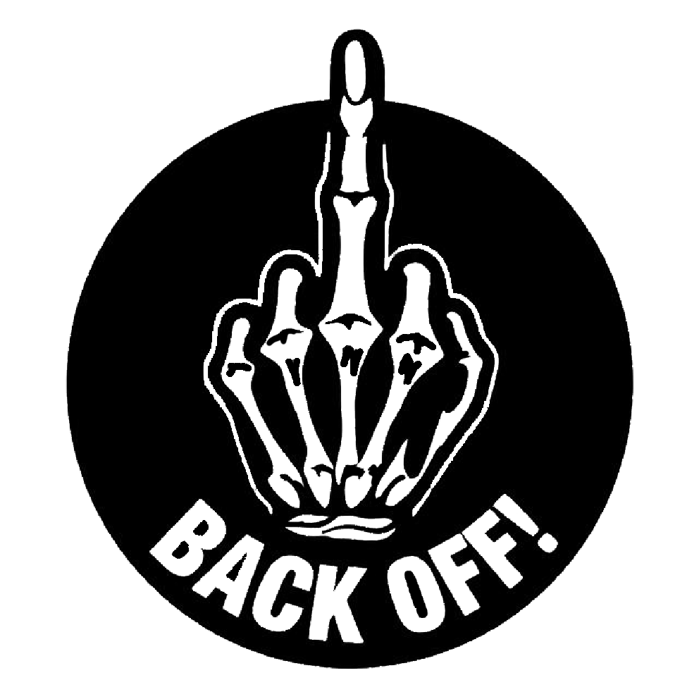 Black and white circular decal showing raised middle fingers with the words “BACK OFF” underneath.