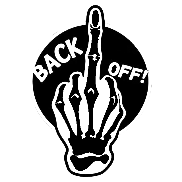 Black and white decal showing a raised middle finger with the words “BACK OFF!”