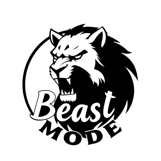 Black and white roaring lion graphic with the words Beast Mode beneath it