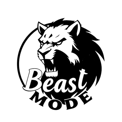 Black and white roaring lion graphic with the words Beast Mode beneath it