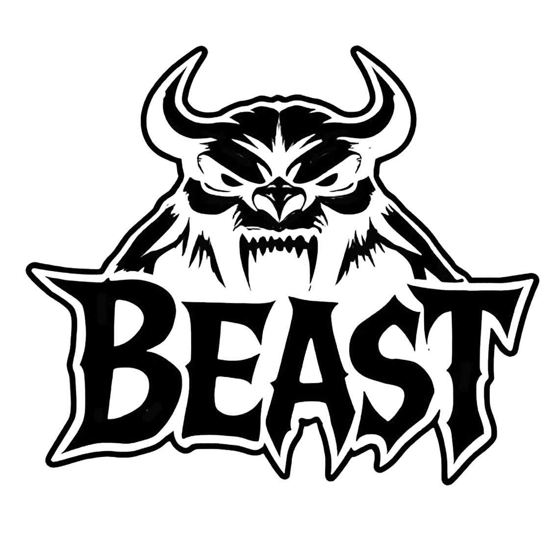 Black and white decal featuring a snarling horned beast with sharp teeth above the word BEAST.