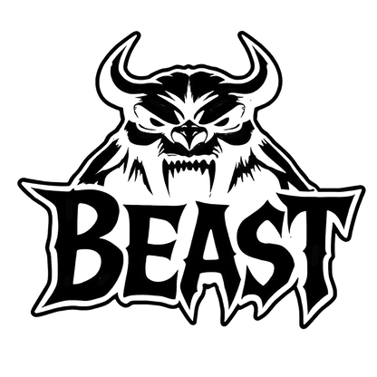 Black and white decal featuring a snarling horned beast with sharp teeth above the word BEAST.