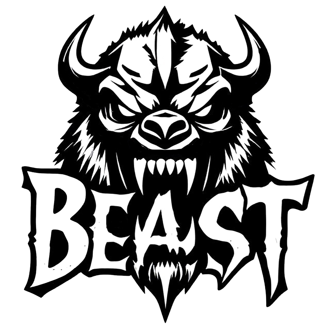 Black and white decal featuring a fierce horned beast with sharp teeth and the word BEAST.