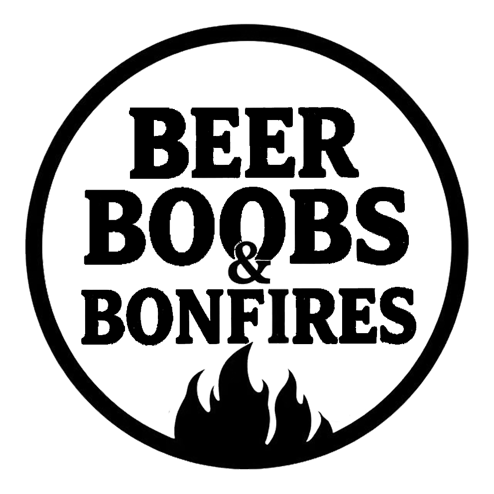Black circular decal featuring the phrase “Beer, Boobs & Bonfires” with a campfire graphic at the bottom.
