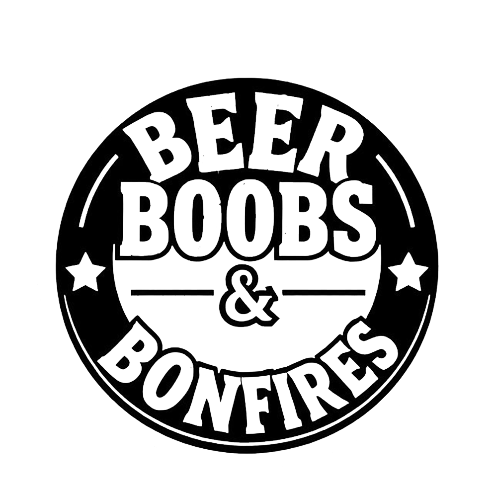 Black-and-white circular decal featuring the words “Beer Boobs & Bonfires” with stars and decorative lines.