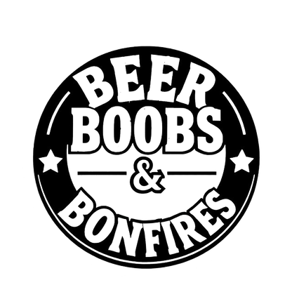 Black-and-white circular decal featuring the words “Beer Boobs & Bonfires” with stars and decorative lines.