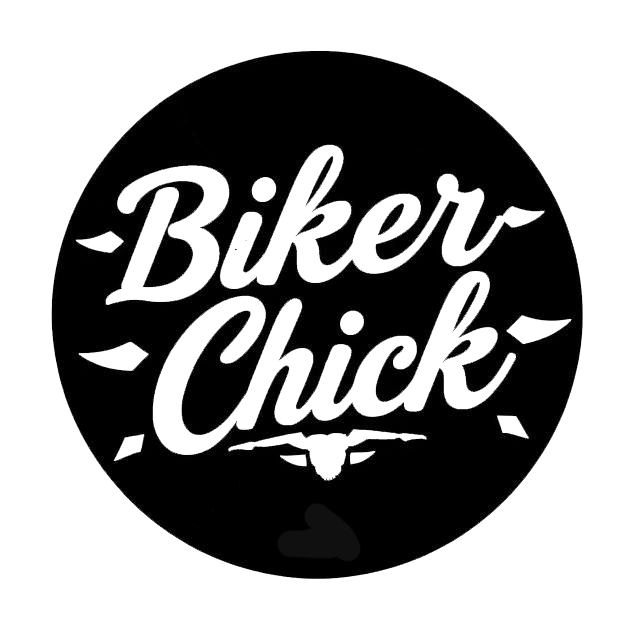 Black and white circular decal featuring the words “Biker Chick” in bold script lettering with a small bull skull graphic underneath.
