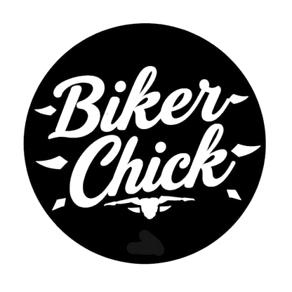 Black and white circular decal featuring the words “Biker Chick” in bold script lettering with a small bull skull graphic underneath.