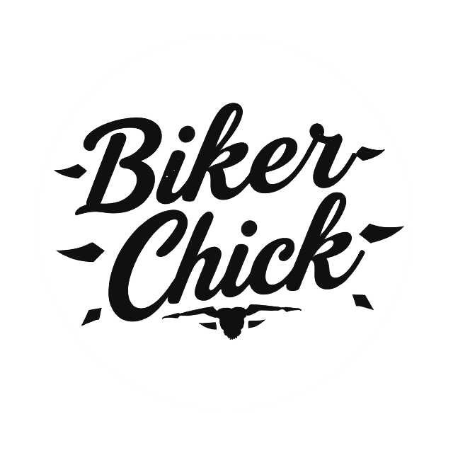 Black script decal reading “Biker Chick” with small motorcycle-inspired graphic accents and decorative shapes.