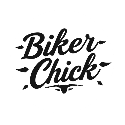 Black script decal reading “Biker Chick” with small motorcycle-inspired graphic accents and decorative shapes.