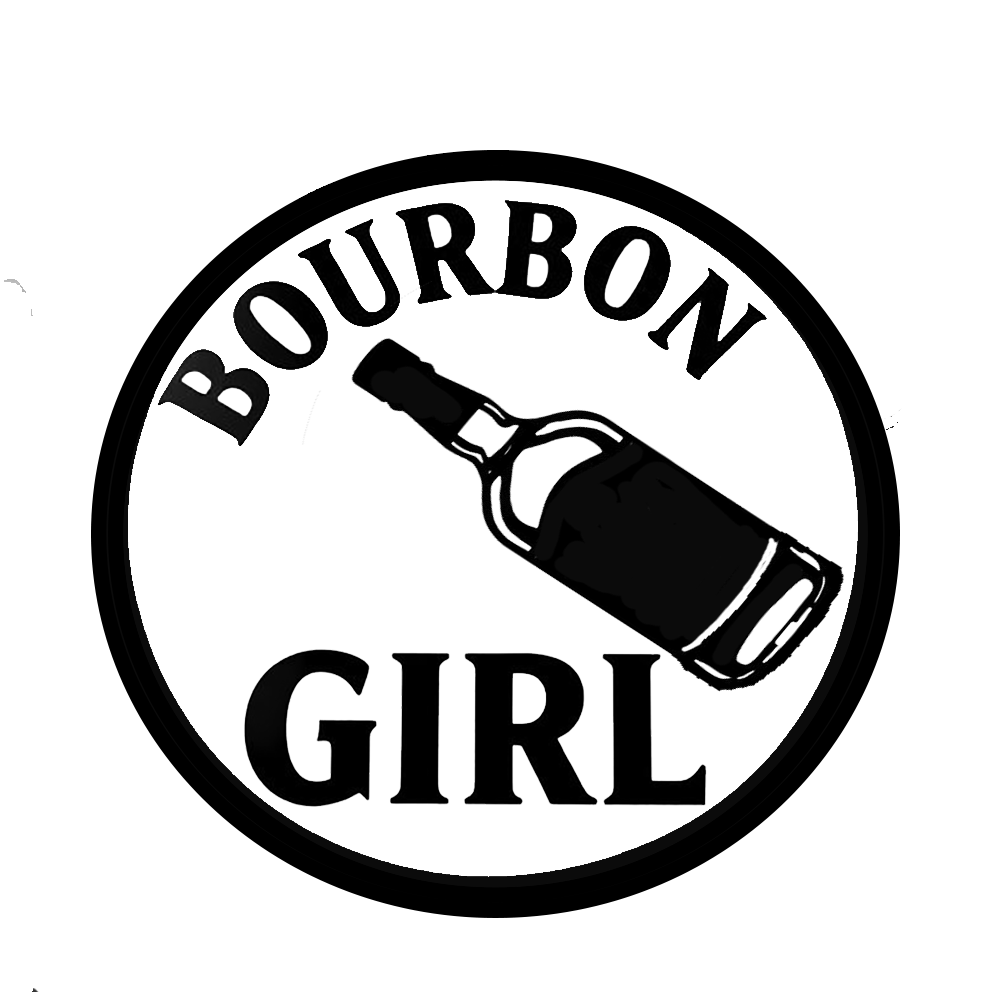 Black and white circular Bourbon Girl decal featuring a bourbon bottle and bold curved lettering.