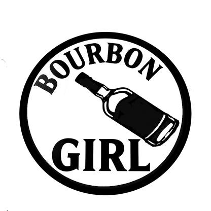 Black and white circular Bourbon Girl decal featuring a bourbon bottle and bold curved lettering.