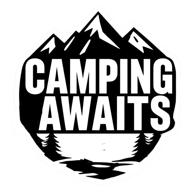 Black and white camping decal featuring the words “Camping Awaits” over mountain peaks, pine trees, and a scenic landscape.