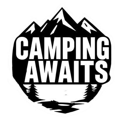Black and white camping decal featuring the words “Camping Awaits” over mountain peaks, pine trees, and a scenic landscape.