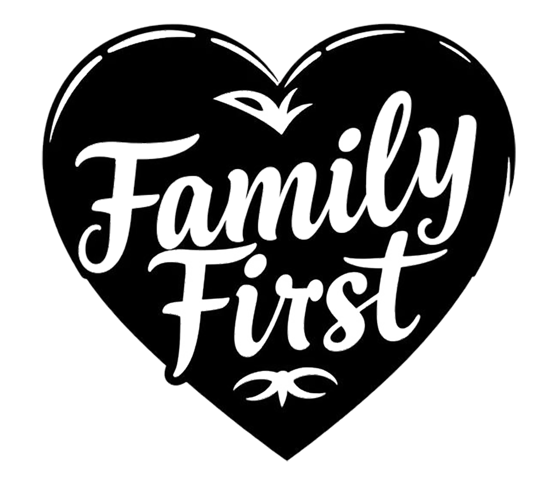 Black heart-shaped decal with the words “Family First” in decorative white lettering.