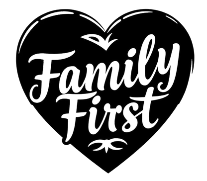 Black heart-shaped decal with the words “Family First” in decorative white lettering.