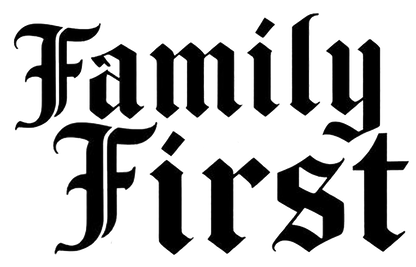 Black gothic-style lettering decal reading “Family First” on a white background.
