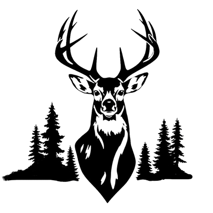 Black and white deer with large antlers standing in front of a forest of evergreen trees