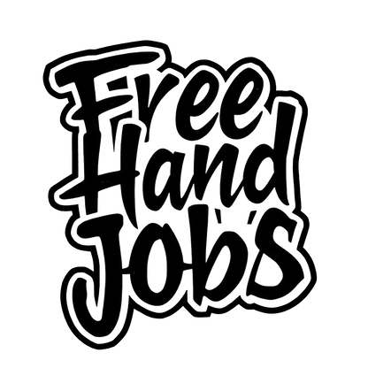 Black-and-white sticker with bold stylized lettering that reads “Free Hand Jobs.”