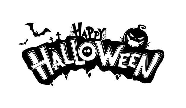 Black and white Happy Halloween decal with a carved pumpkin face, bats, and spooky gothic lettering.