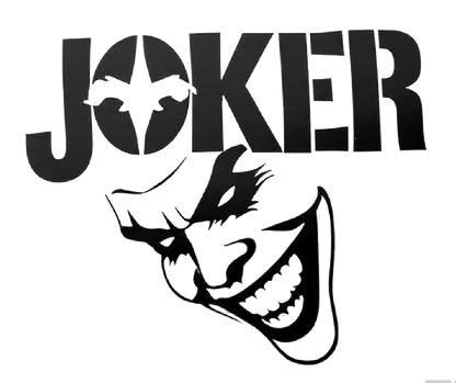 Black and white Joker face decal with the word JOKER above a sinister grinning character.