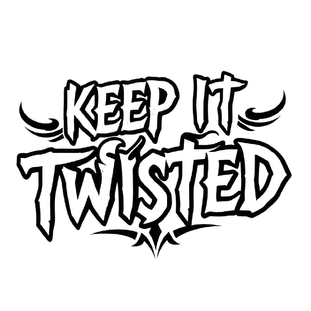 Black and white stylized lettering decal that reads “Keep It Twisted,” with gothic tattoo-inspired typography and decorative flourishes.