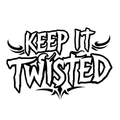 Black and white stylized lettering decal that reads “Keep It Twisted,” with gothic tattoo-inspired typography and decorative flourishes.
