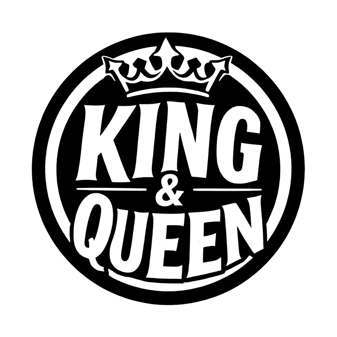 Black and white circular decal featuring a crown above the words King and Queen with an ampersand between them.