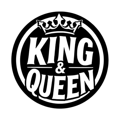 Black and white circular decal featuring a crown above the words King and Queen with an ampersand between them.