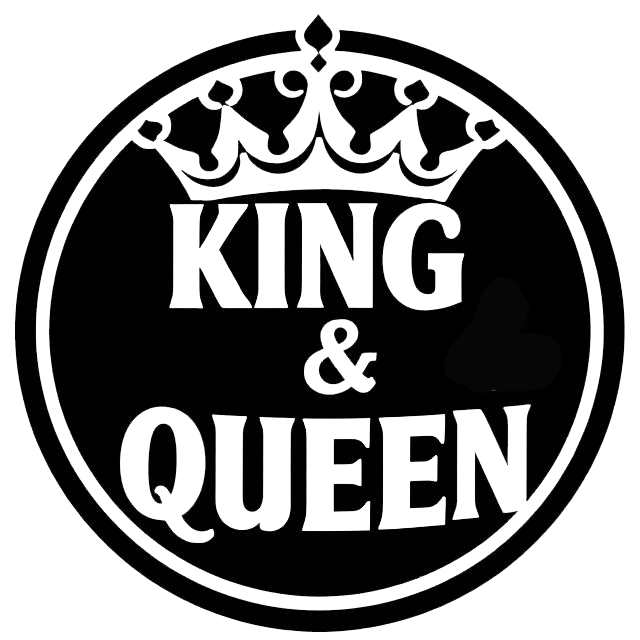 Black and white circular decal featuring a crown above the words “KING & QUEEN” with a heart symbol