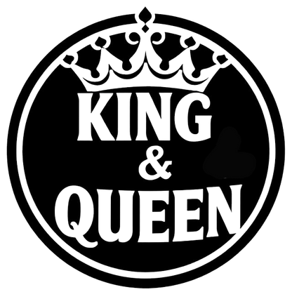 Black and white circular decal featuring a crown above the words “KING & QUEEN” with a heart symbol