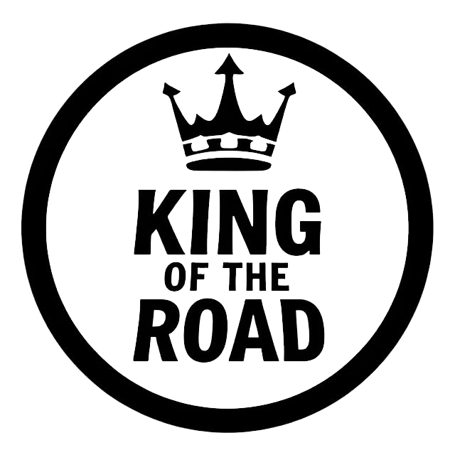 Black circular decal featuring a crown above the words “KING OF THE ROAD” in bold lettering.