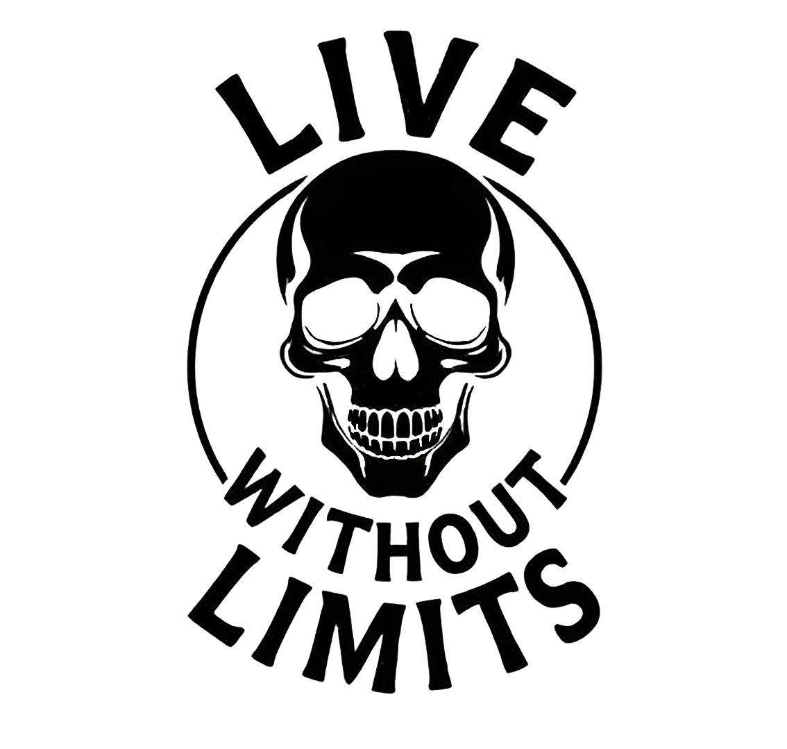 Black skull graphic inside a circular outline with the words “LIVE WITHOUT LIMITS” arranged around it.