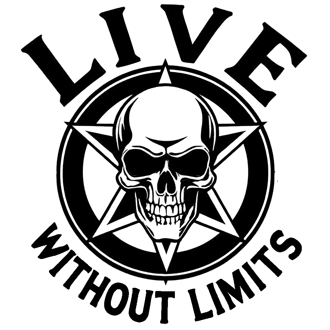 Black and white decal featuring a skull inside a pentagram with the words “LIVE” above and “WITHOUT LIMITS” below.