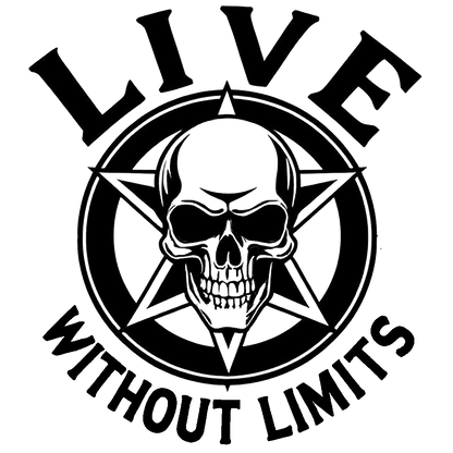 Black and white decal featuring a skull inside a pentagram with the words “LIVE” above and “WITHOUT LIMITS” below.