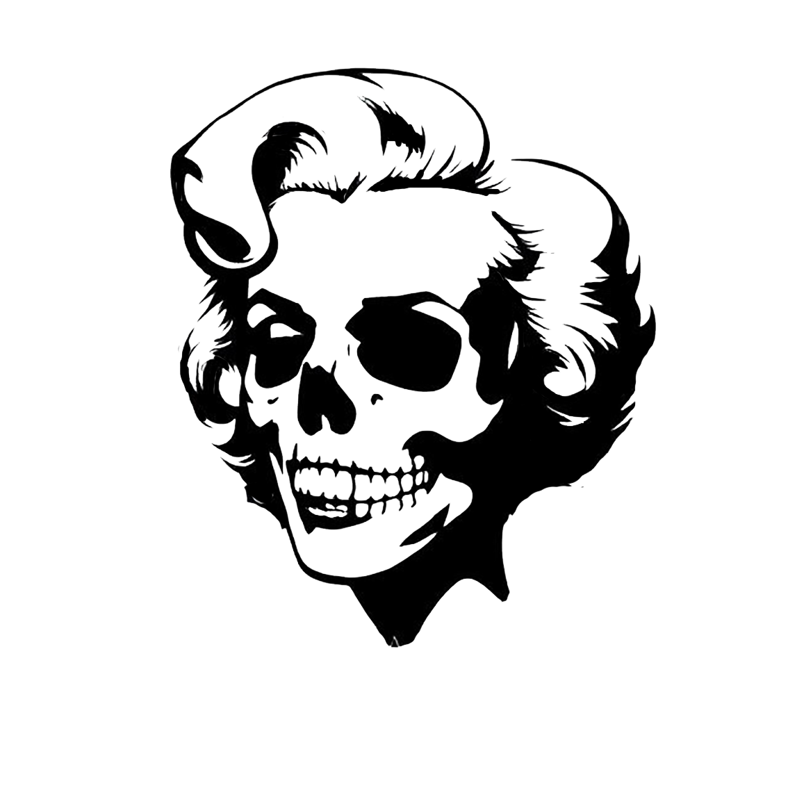 Black and white skull illustration styled with Marilyn Monroe's iconic hairstyle and facial features.
