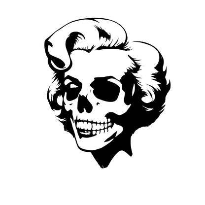 Black and white skull illustration styled with Marilyn Monroe's iconic hairstyle and facial features.