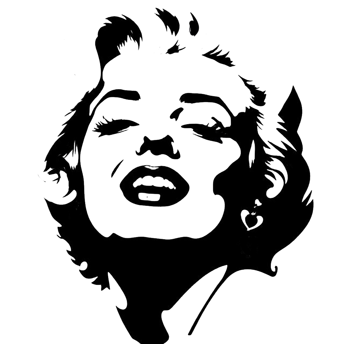 Black-and-white stylized portrait decal of Marilyn Monroe with swept-back hair, closed eyes, redrawn lips, and a heart-shaped earring