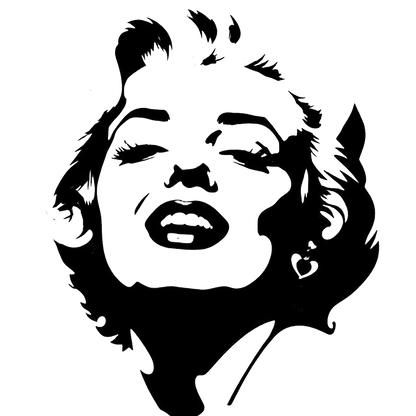 Black-and-white stylized portrait decal of Marilyn Monroe with swept-back hair, closed eyes, redrawn lips, and a heart-shaped earring