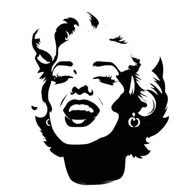 Black and white stylized portrait decal of Marilyn Monroe with her eyes closed, wavy hair, earrings, and red-lip-inspired graphic features