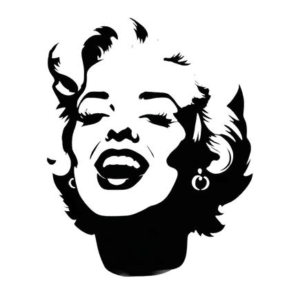 Black and white stylized portrait decal of Marilyn Monroe with her eyes closed, wavy hair, earrings, and red-lip-inspired graphic features