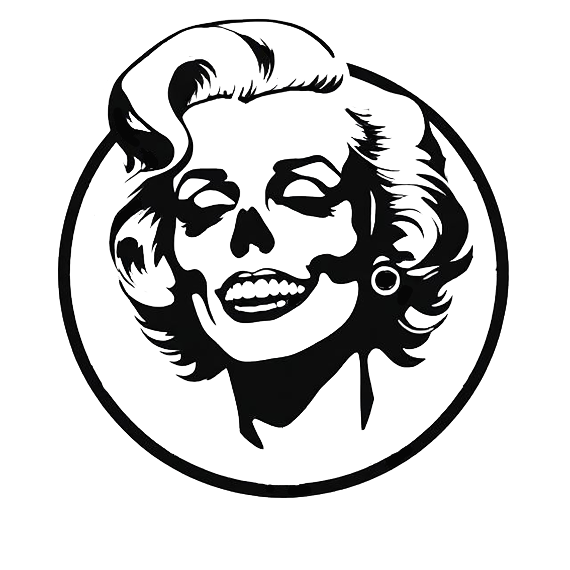 Black-and-white circular decal featuring a stylized Marilyn Monroe portrait with skull-inspired facial details and vintage tattoo-style shading.